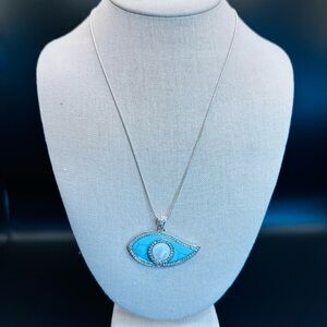 925 Sterling Silver and Blue Turquoise Evil Eye Pendant Necklace, 18”